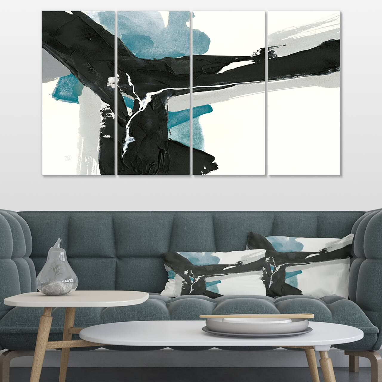 Designart - Geometric Black and Teal III - Modern & Contemporary Canvas Artwork